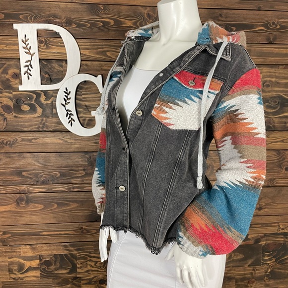 Multicolor Black Denim Jean Button Up Jacket Aztec Pattern Fleece Hoodie - Picture 4 of 7
